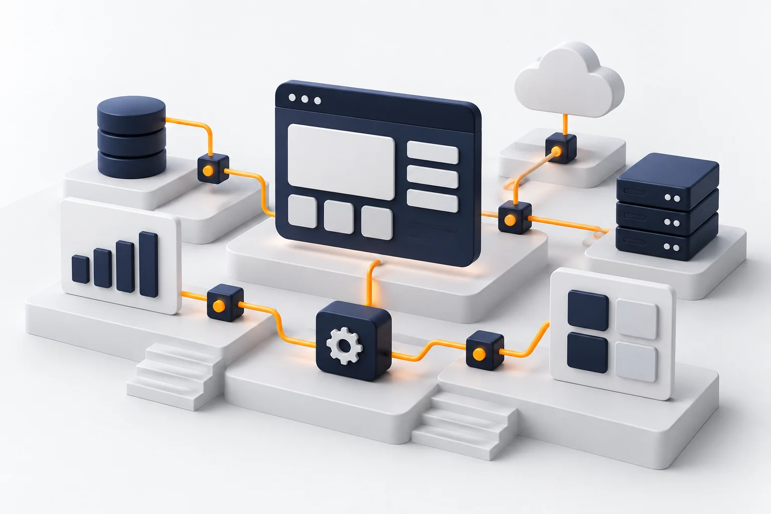 Illustration connecting a business website with data, tools, and automation